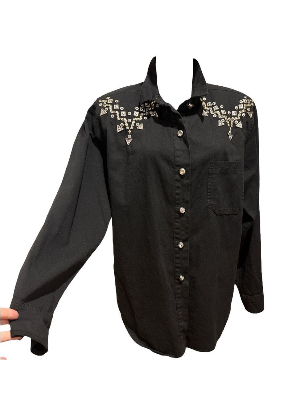 80s MONIQUE FASHION COTTON BLK WESTERN COWBOY STUDDED SHIRT W RHINESTONES SZ 14